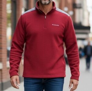 Columbia Sweater Men's Large Maroon Red Grey Bulkhead Drop Zip